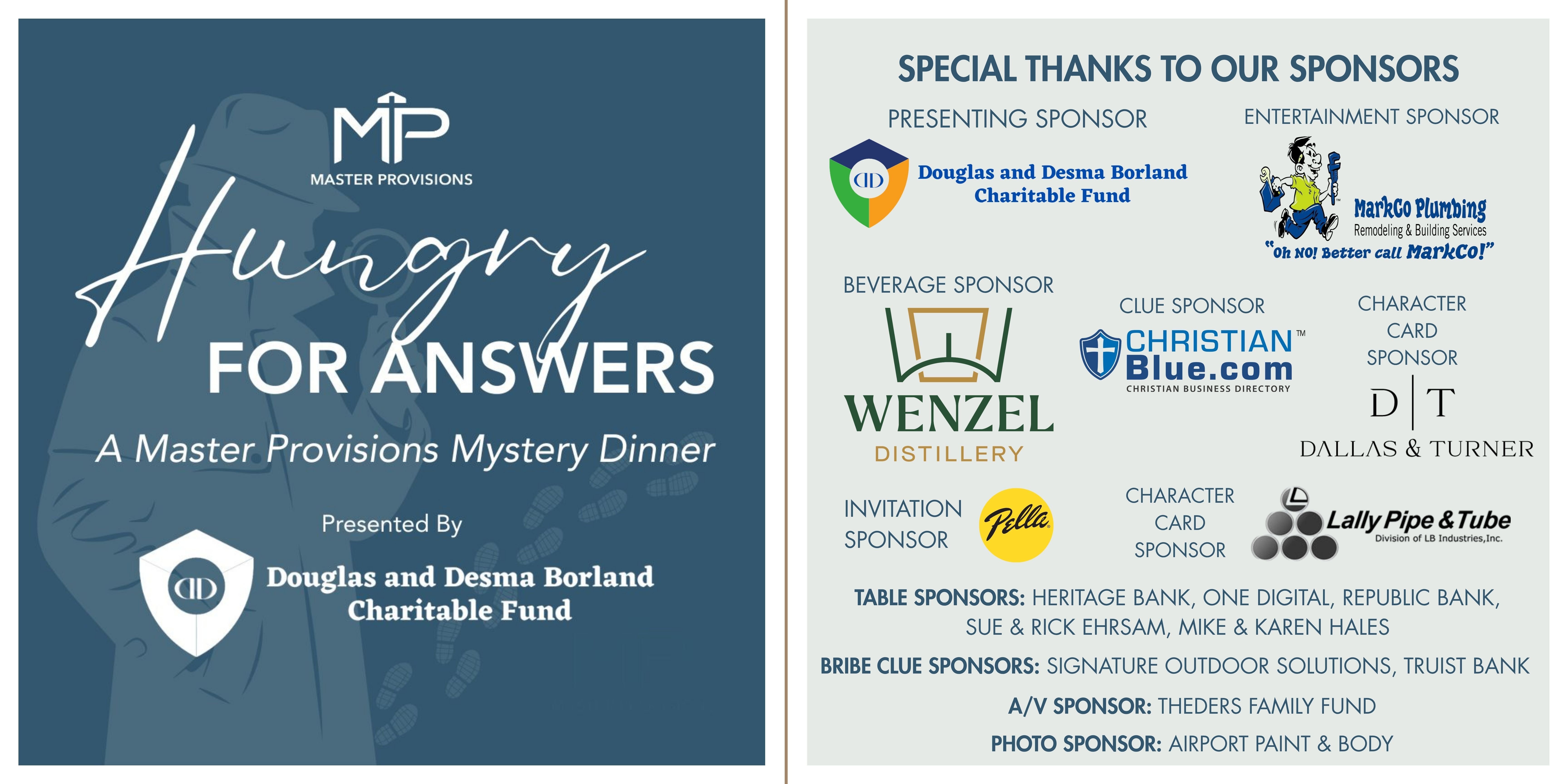Mystery Dinner Sponsors - Newsletter - Adds Table Sponsors + Bribe + Photo + AV