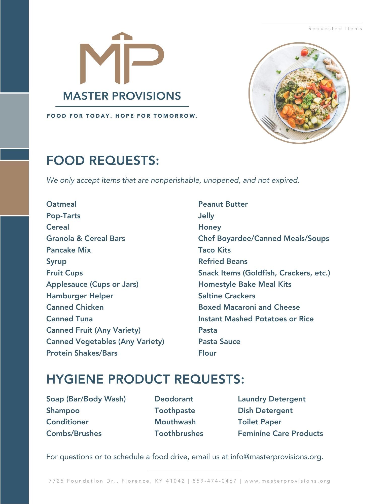 Master Provisions Food Drive Requested Items